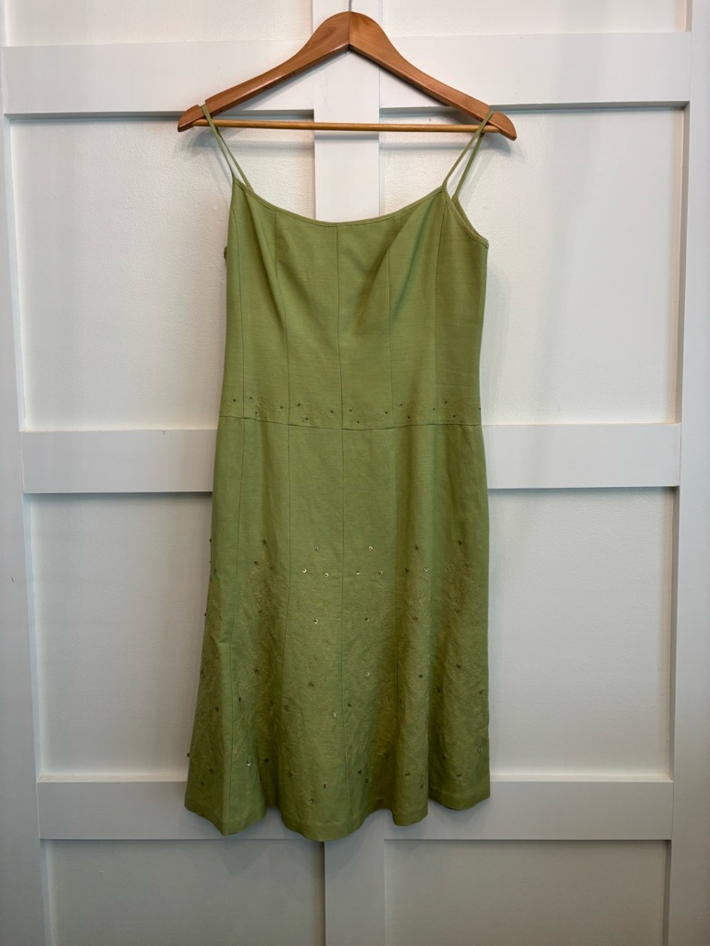 Women's Sage Green LINEN Spaghetti Strap Dress Gold Embroidery ,Beads & Sequins